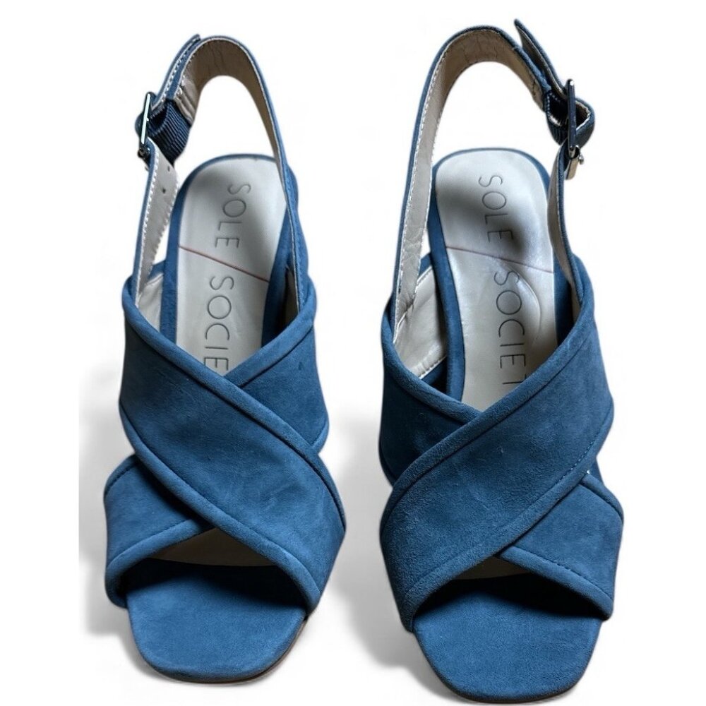Sole Society Womens Joree Suede Crossover Strap Block Heel Sandal Blue Size 6M